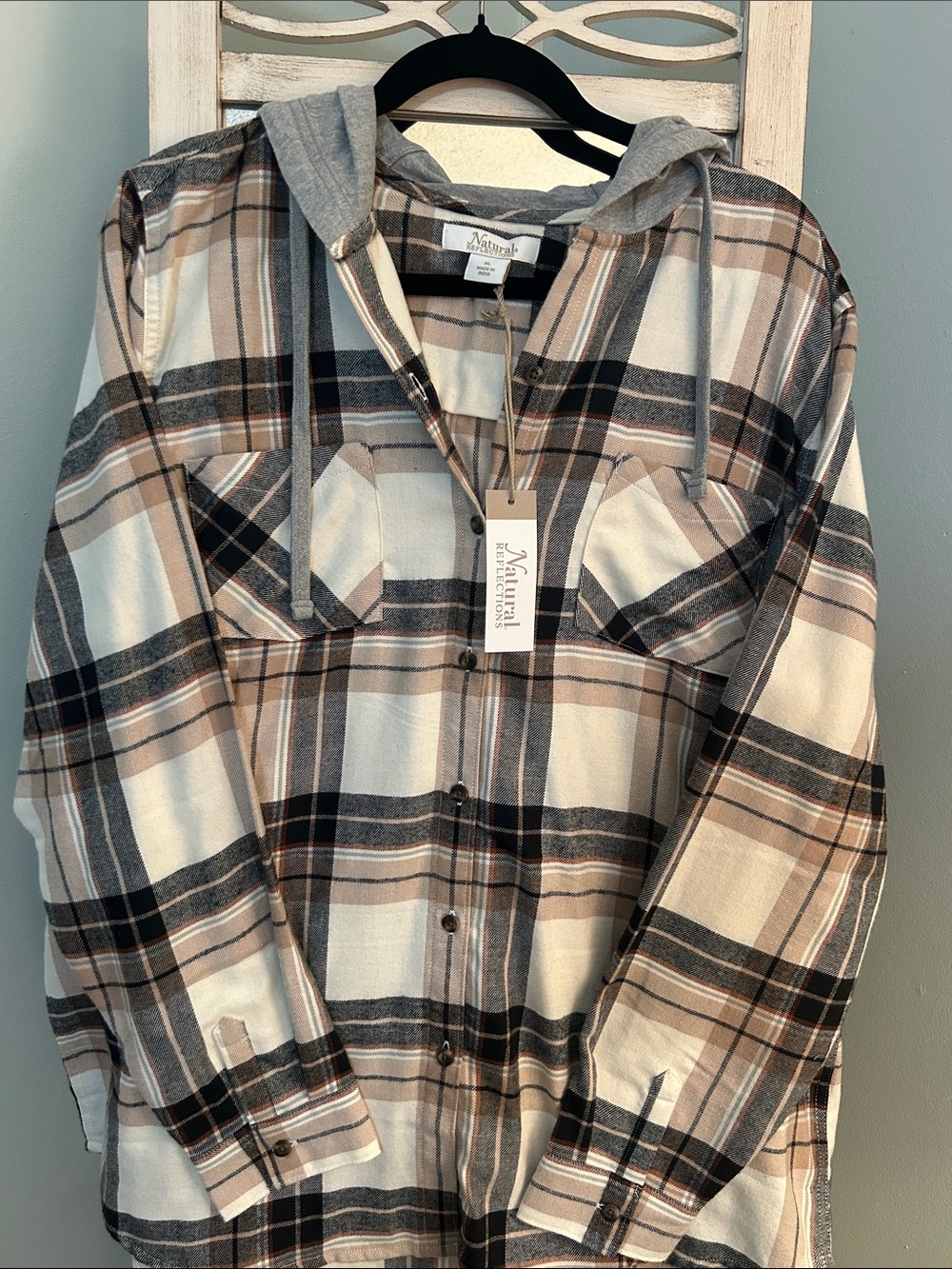 Natural Reflections Women’s Plaid Button-Down Hooded Shirt - Cream/Tan/Black
